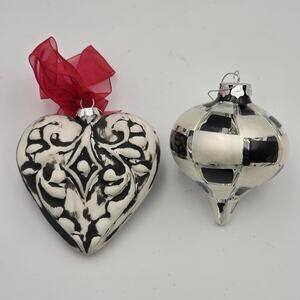 Black And White Blown Glass Checkered Teardrop Ornament Gothic Heart Lot Of 2